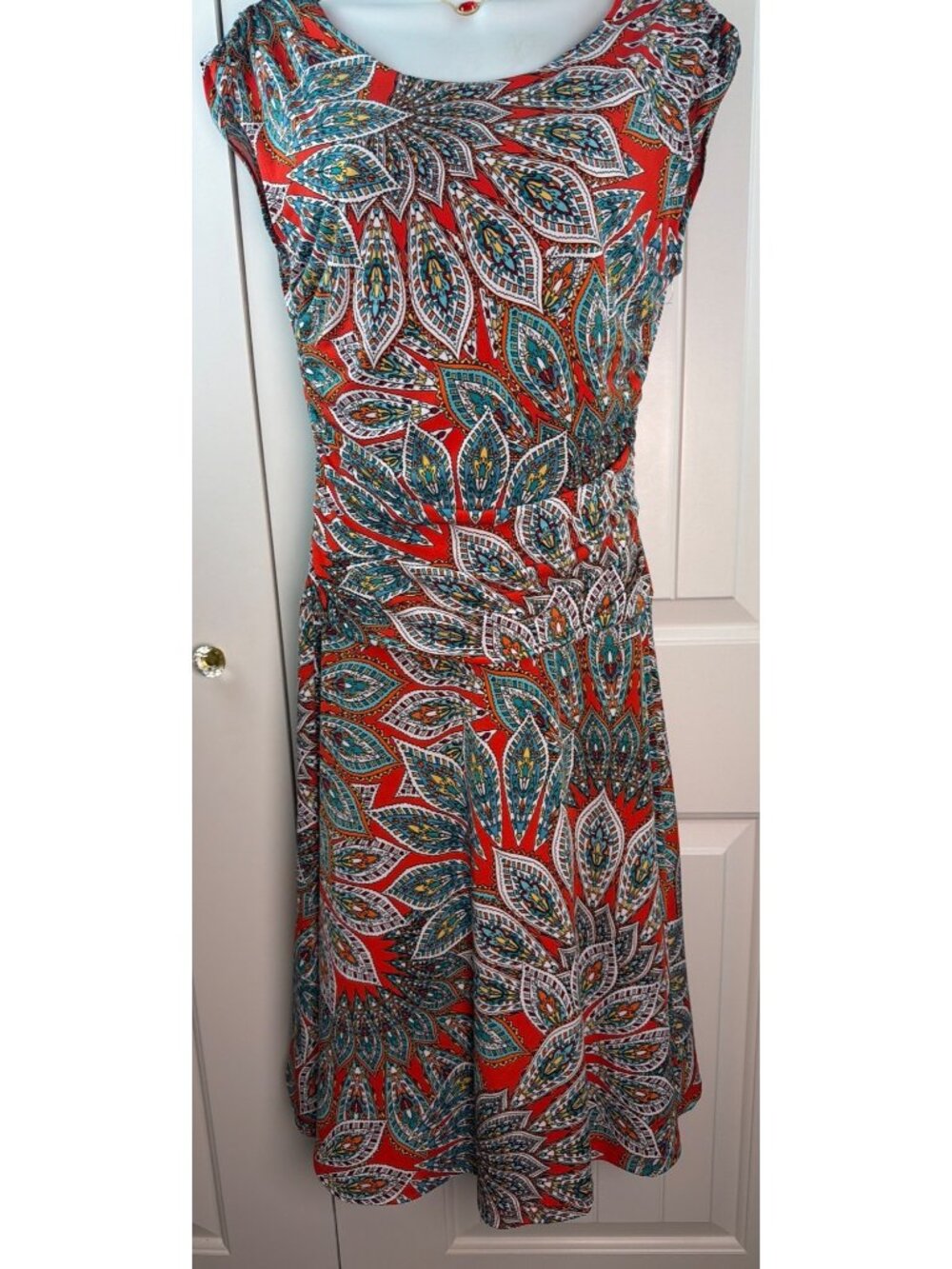 Enfocus Studio Red & Teal Paisley Ruched Sleeveless Midi Dress, Size 10 - Picture 1 of 8